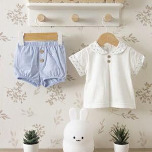 conjunto bebé pololo azul cielo Calamaro Goa con camiseta blanca y botones de madera