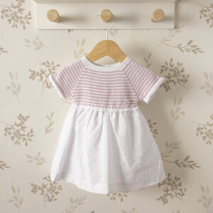 Vestido bebe, rayas rosa dulce de fresa falda plumeti verano