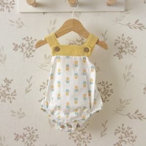 peto bebé piñas amarillo calamaro gaya algodón con tirantes y botones de madera