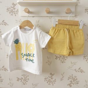 conjunto bebé verano amarillo calamaro gaya camiseta snack time con pantalón corto