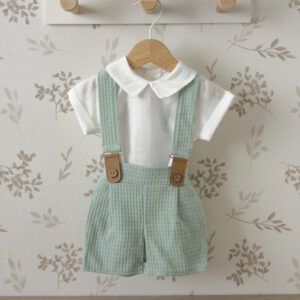 Conjunto bebe tirantes verde agua Calamaro camisa blanca ceremonia