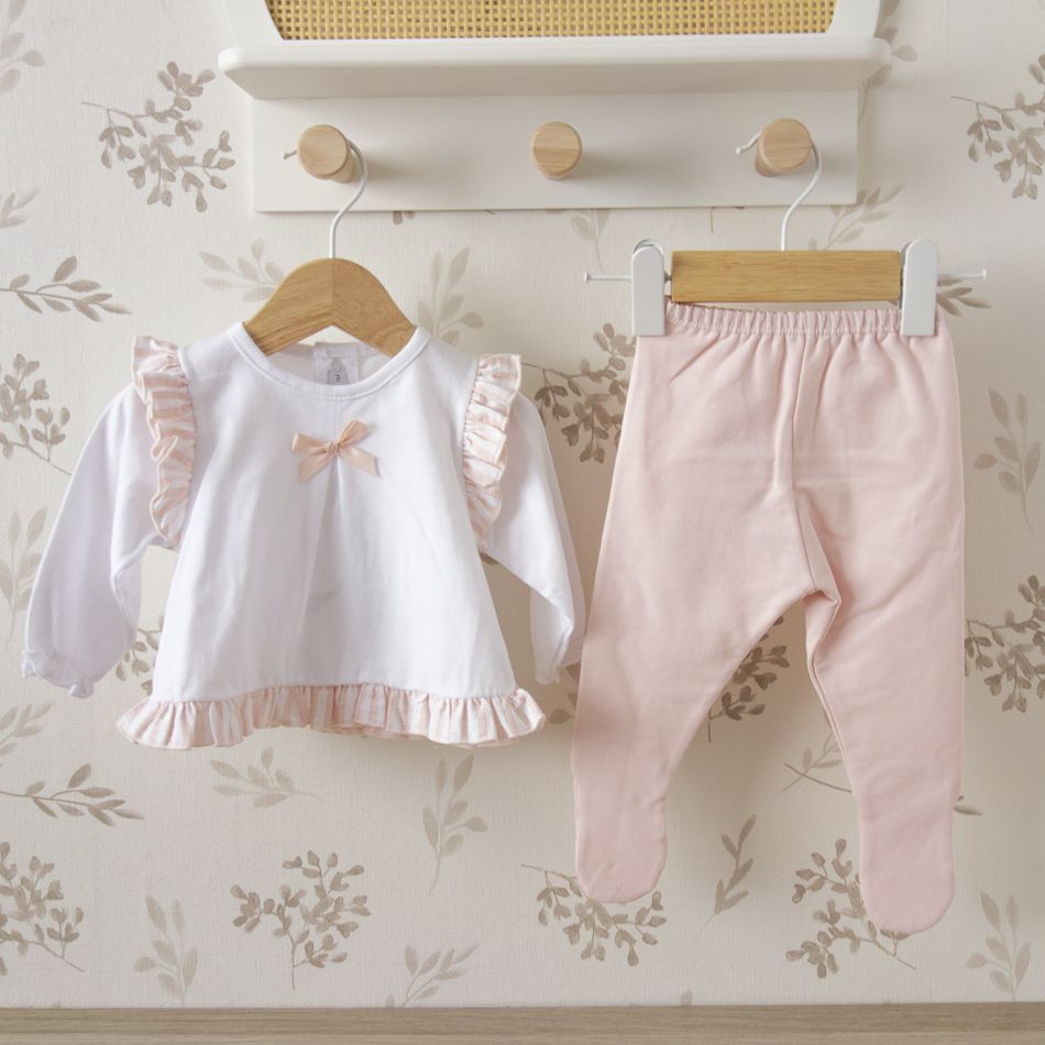 conjunto bebe niña polaina rosa blusa volante calamaro