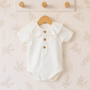 body bebé crudo cuello polo botones algodón suave detalle verano natural elegante