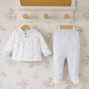 Conjunto bebé azul cielo algodón polaina rayas estampado barcos cuello redondeado fruncido