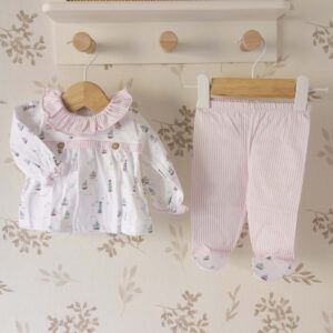 conjunto bebé rosa empolvado algodón polaina fruncido estampado barcos cuello redondeado