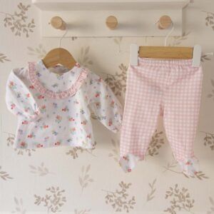 Conjunto polaina bebé rosa algodón floral vichy suave detalle verano Babidu