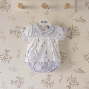 conjunto bebé azul algodón estampado barcos cuello marinero rayas ranita volumen bombacho textura ligera