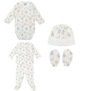 Pack nacimiento bebé algodón blanco estampado suave conjunto recién nacido gorro manoplas detalle delicado