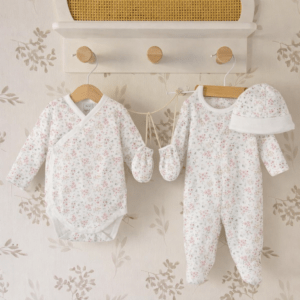 Pack nacimiento bebé niña verde floral algodón body gorro manoplas textura suave Babidu Dulzura