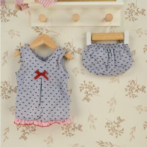 Conjunto bebé gris Calamaro de algodón con estampado de pequeños lazos, detalle rojo y cubrepañal a juego.